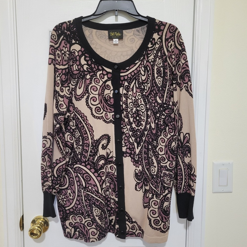 Bob Mackie Wearable Art Paisley Cardigan Sweater Purple Tan Black Womens 1X‎